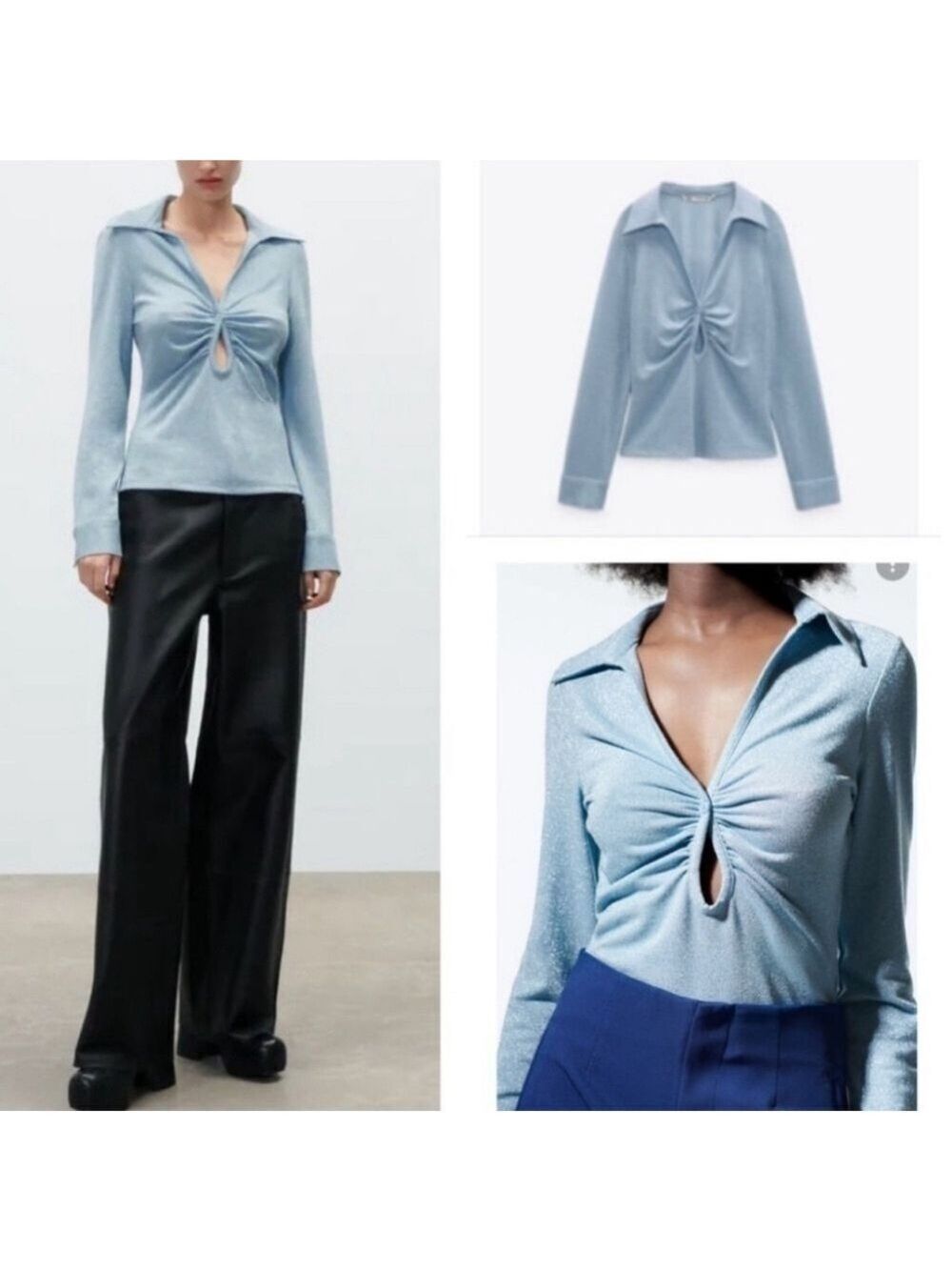 Zara light blue shimmer metallic glitter long sleeve keyhole collared blouse top
